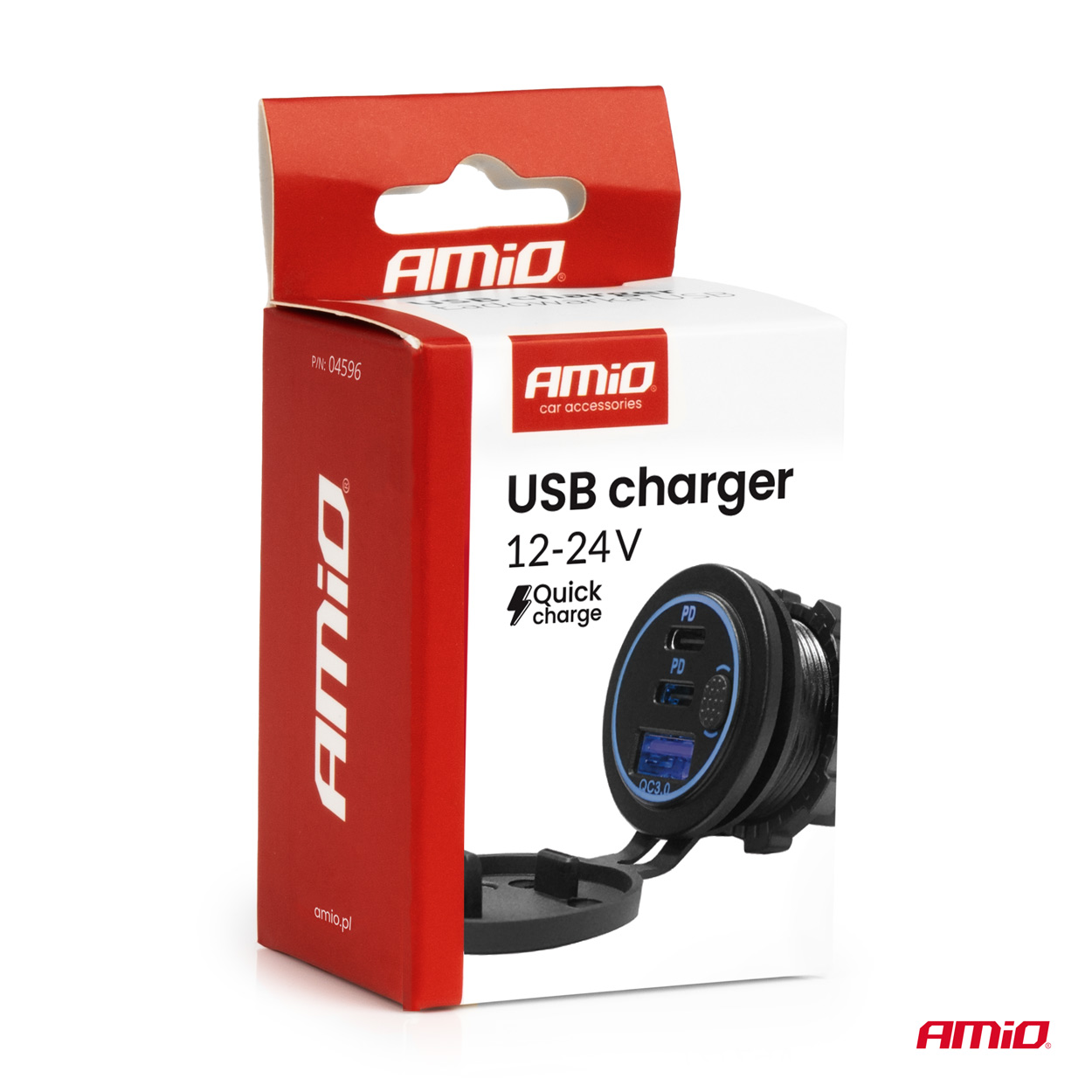 AMiO - Vodotesná nabíjačka na telefón s vypínačom MODRÁ LED podsvietenie USB + 2xUSB C QC3.0 12/24V
