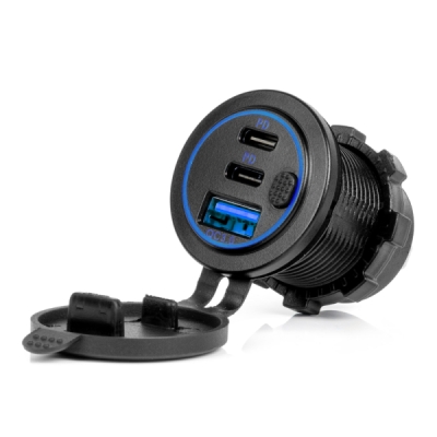 AMiO - Vodotesná nabíjačka na telefón s vypínačom MODRÁ LED podsvietenie USB + 2xUSB C QC3.0 12/24V