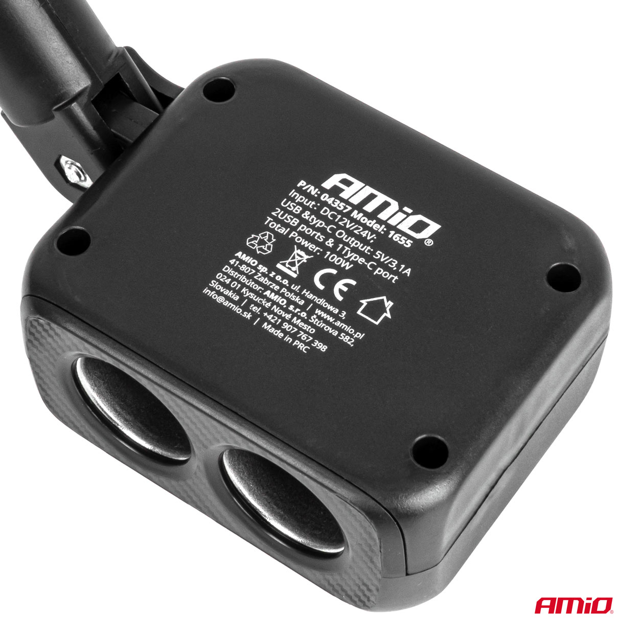 AMiO - Predlžovacia zásuvka 2x USB-A 1x USB-C 12/24V 100W 180°