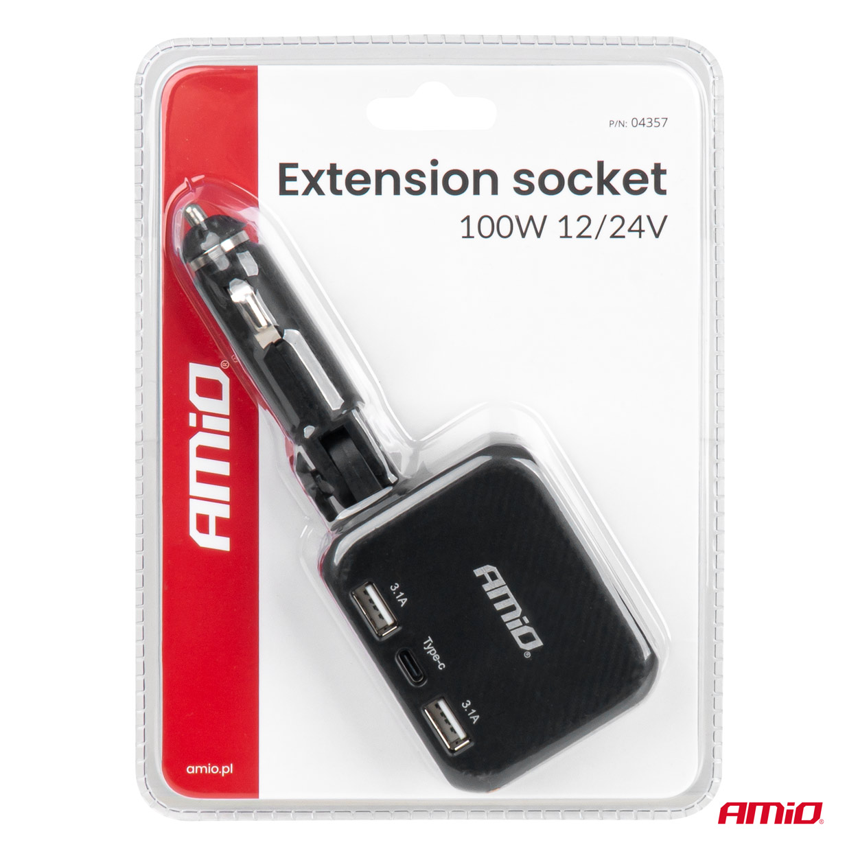 AMiO - Predlžovacia zásuvka 2x USB-A 1x USB-C 12/24V 100W 180°