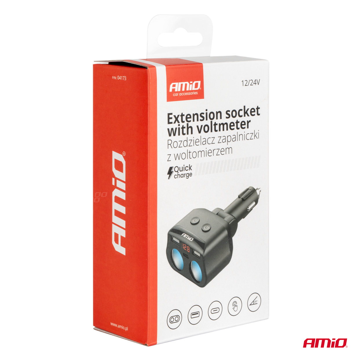 AMiO - Dvojitá predlžovacia zásuvka 2xUSB 1xUSB C 12/24V max 200W