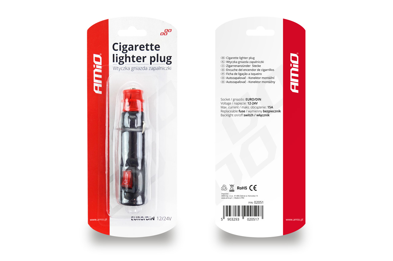 AMiO - Zástrčka autozapaľovača s vypínačom EURO/DIN 12/24V