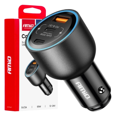 AMiO - Nabíjačka do auta 2x USB C port + USB A port 12/24V 95W