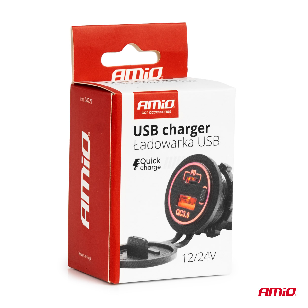 AMiO - Nabíjačka do auta s USB A a USB C QC3.0 12/24V vodotesná