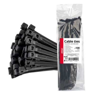 AMiO - Sťahovacie pásky čierne 4,8x300mm - 100ks