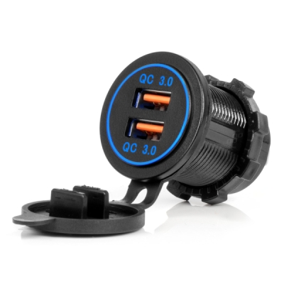 AMiO - Vodotesná nabíjačka s MODRÝM LED podsvietením 2xUSB QC3.0 12/24V