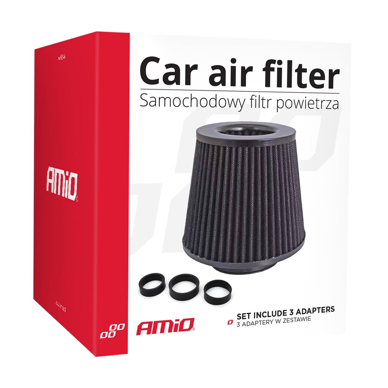 AMiO - Kužeľový vzduchový filter černý + 3 adaptéry