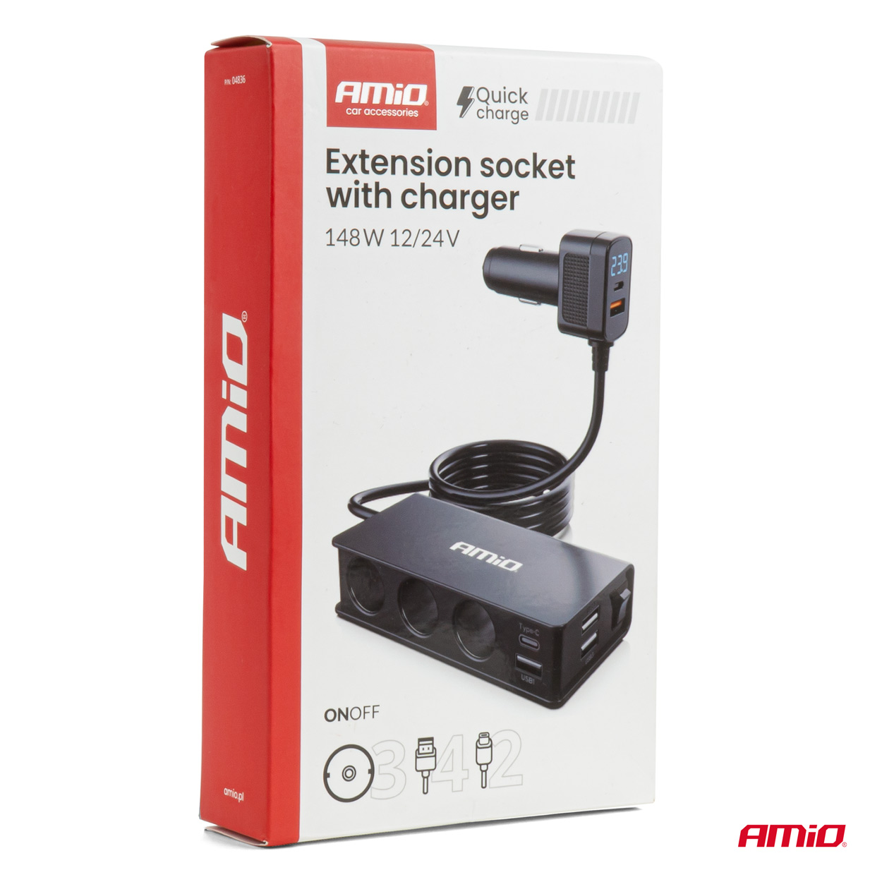 AMiO - Predlžovacia zásuvka s nabíjačkou 3xUSB-A USB-C QC 3.0 PD 3.0. 148W