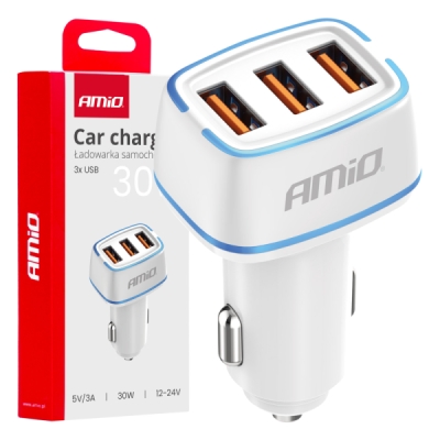 AMiO - Nabíjačka do auta 3x USB-A 30W 12/24V