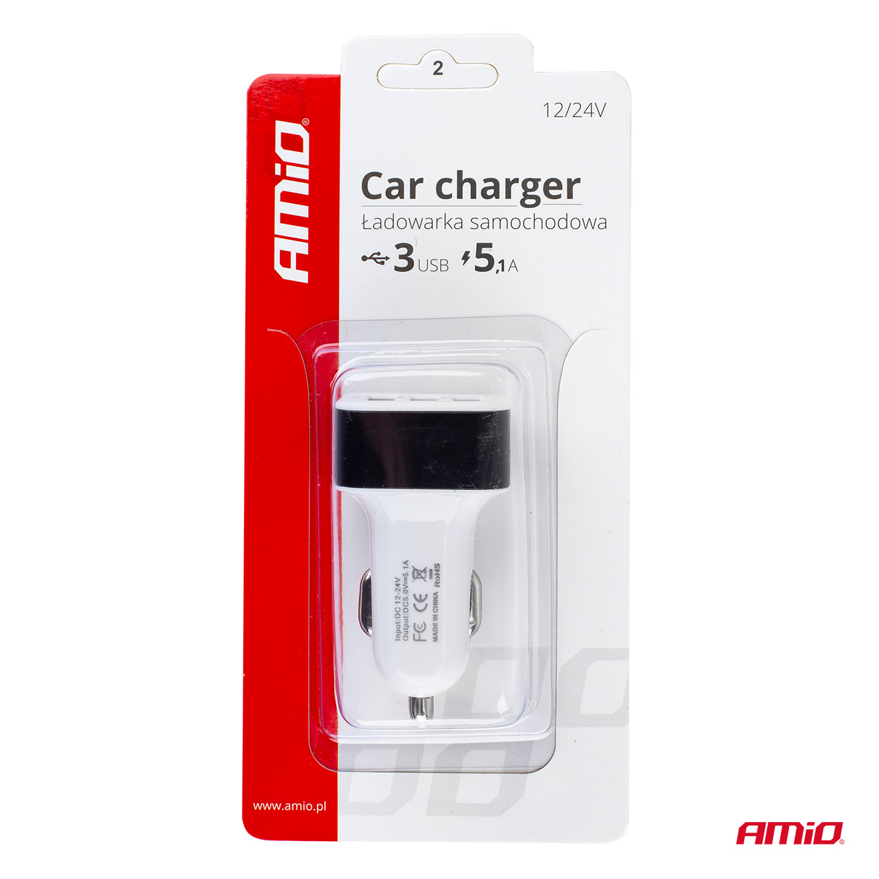 AMiO - Nabíjačka do auta 3x USB biela PCH-03