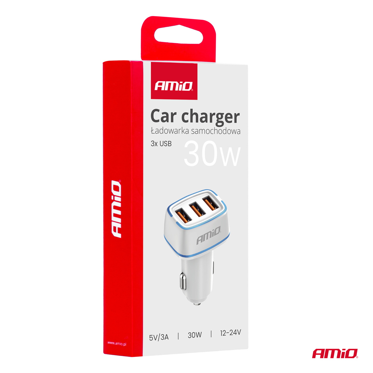AMiO - Nabíjačka do auta 3x USB-A 30W 12/24V