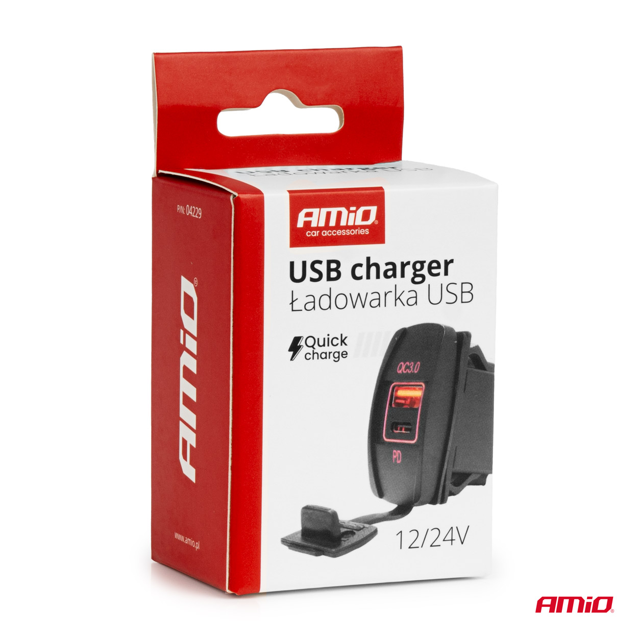 AMiO - Vodotesná nabíjačka na telefón v tvare lode s ČERVENÝM LED podsvietením USB + USB C QC3.0 12/24V