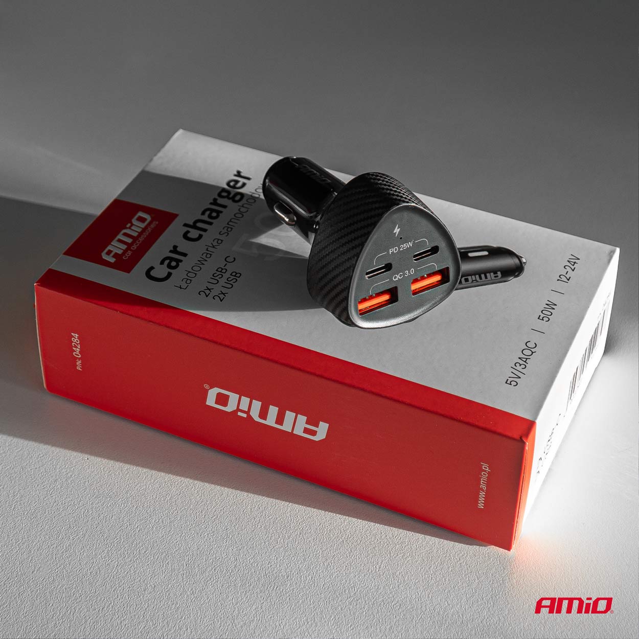 AMiO - Nabíjačka do auta 50W 2xUSB-A + 2xUSB-C