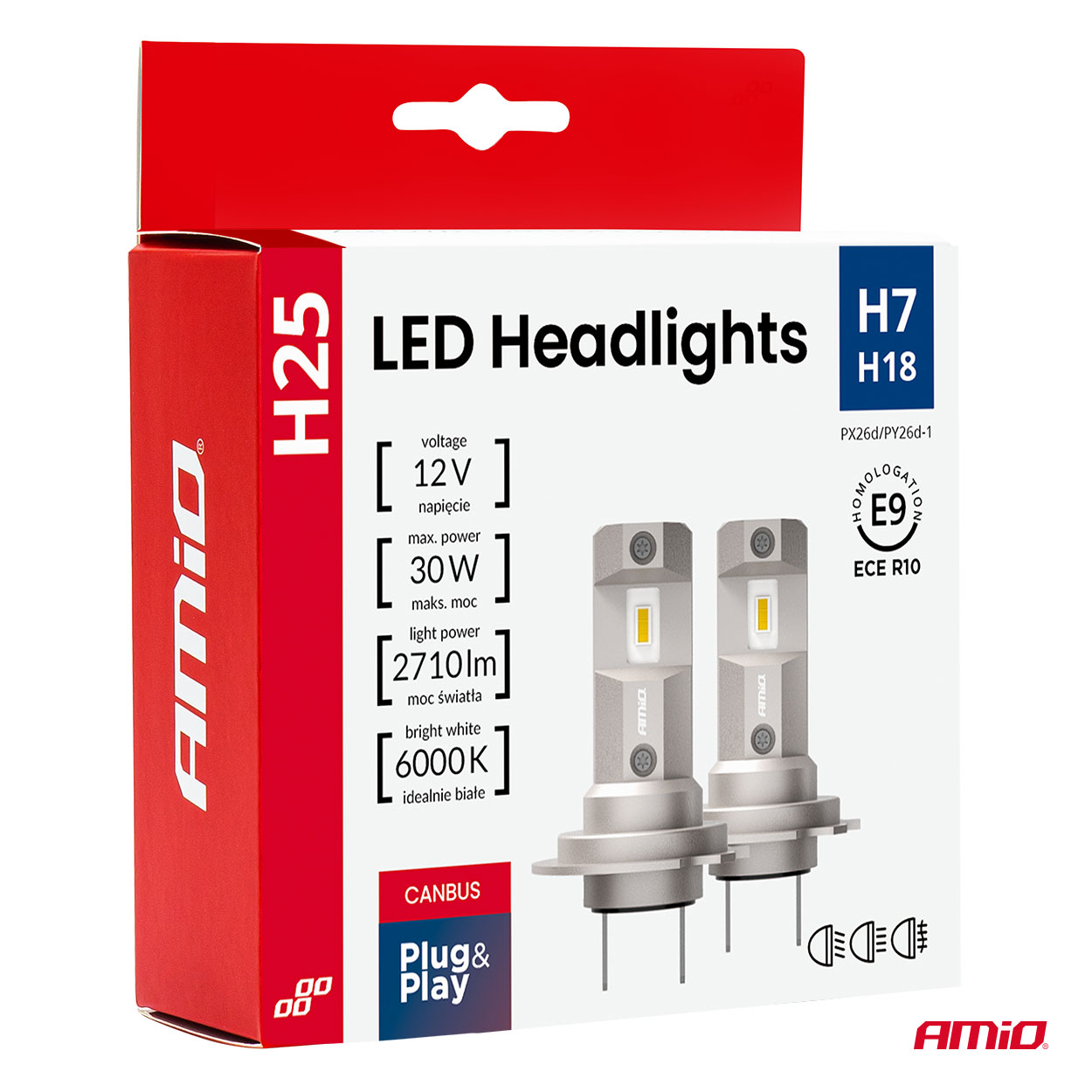 AMiO - LED žiarovky hlavného svietenia Séria H25 CANBUS H7 H18 12V 30W