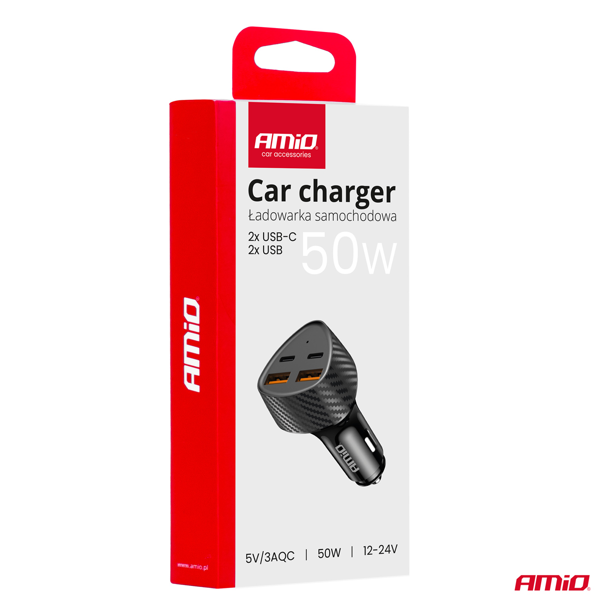 AMiO - Nabíjačka do auta 50W 2xUSB-A + 2xUSB-C