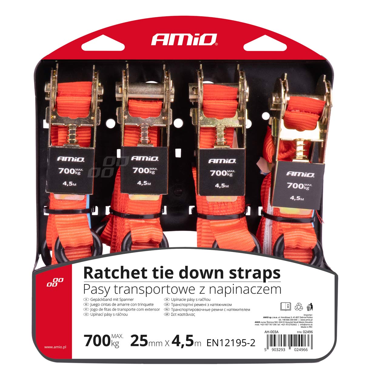 AMiO - Upínacie pásy s račňou 700kg 25mm 4,5m 4ks BELT-03
