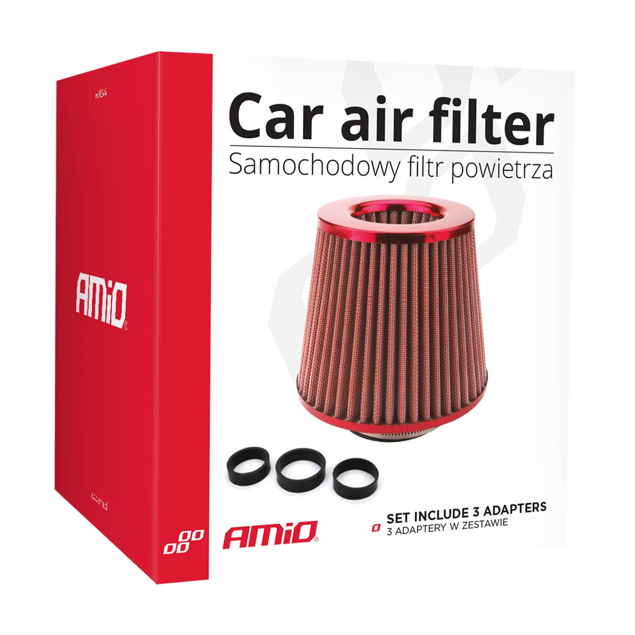 AMiO - Vzduchový filter kužeľový + 3 adaptéry ČERVENÝ