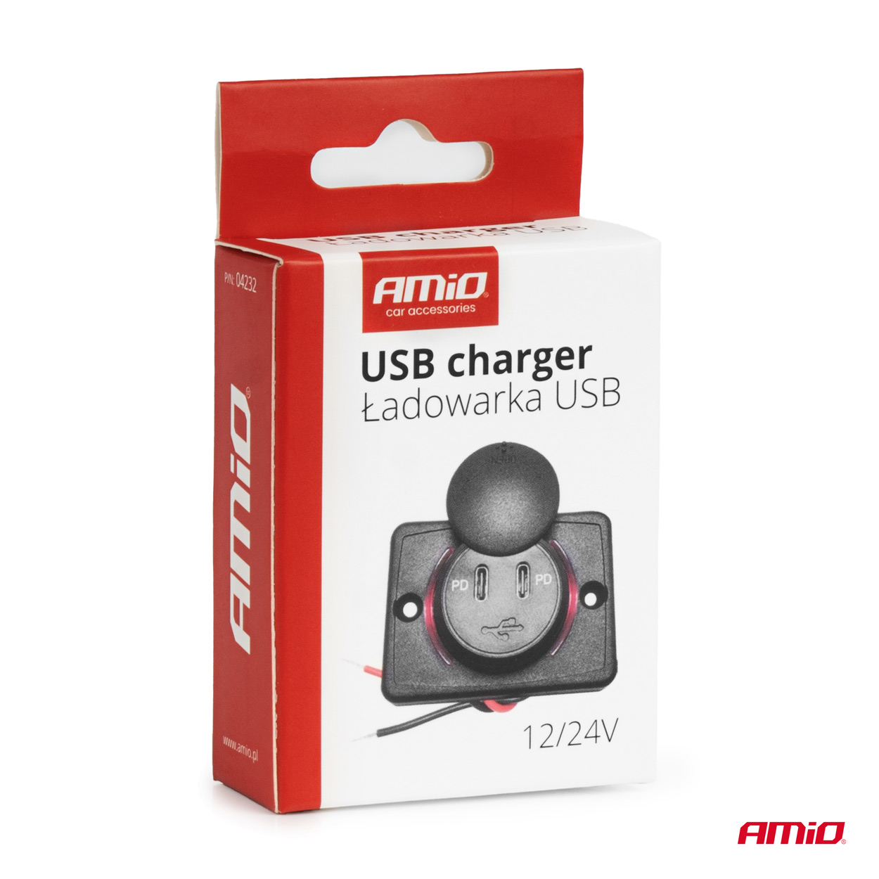 AMiO - Nabíjačka do auta 2x USB-C štvorcová s ČERVENÝM LEN podsvietením 12/24V vodotesná
