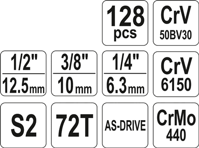 Yato - Gola sada 1/2", 3/8", 1/4" +príslušenstvo 128ks