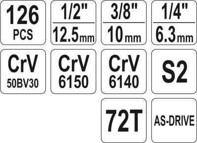 Yato - gola sada 1/2", 3/8", 1/4" +príslušenstvo 126ks
