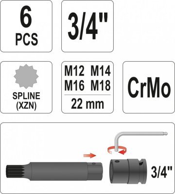 Yato - Sada rázových bitov SPLINE 3/4" M12-M18 6ks