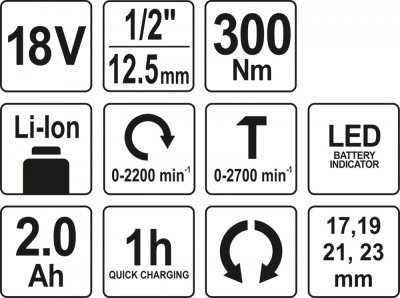 Yato - Uťahovačka 18V 1/2" 300Nm s AKU 2Ah