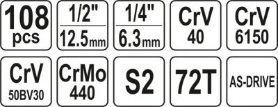 Yato - Gola sada 1/2", 1/4" +príslušenstvo 108ks
