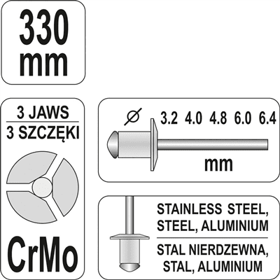 YATO - Nitovacie kliešte na slepé nity 3.2-6.4mm 330mm
