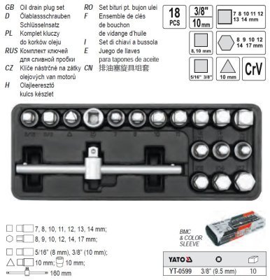 Yato - Sada kľúčov na skrutky olejovej vane 3/8" 18ks