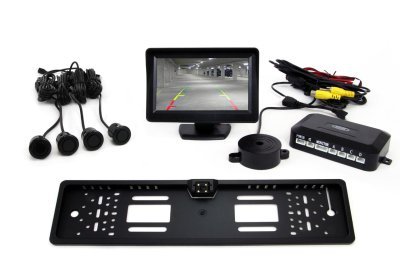 AMiO - Parkovací asistent TFT01 4,3” s kamerou CAM-402 LED v podložke pod ŠPZ, 4-senzorové, čierne GOLD 18mm