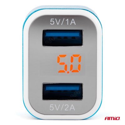 AMiO - Autonabíjačka mobilného telefónu s 2xUSB + tester napätia akumulátora TEST-04