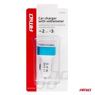 AMiO - Autonabíjačka mobilného telefónu s 2xUSB + tester napätia akumulátora TEST-04