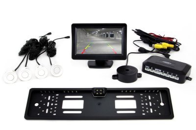 AMiO - Parkovací asistent TFT01 4,3” s kamerou CAM-402 LED v podložke pod ŠPZ, 4-senzorové, biele