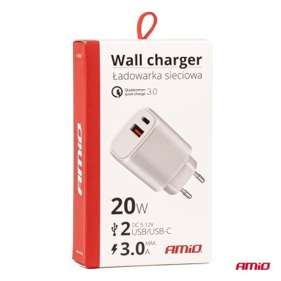 AMiO - Sieťová nabíjačka PRO-09 USB+USB-C 20W Quick Charge 230V