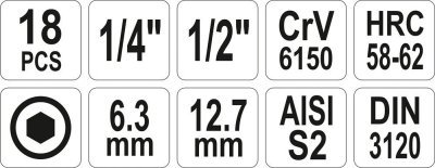 Yato - bity sada IMBUS 1/2", 1/4", 18ks