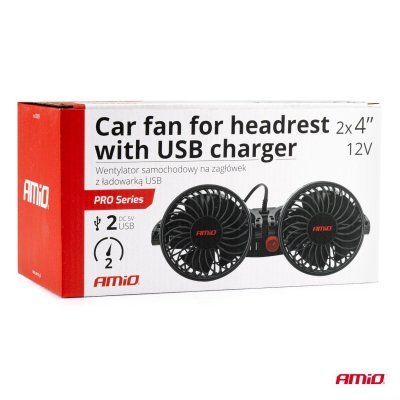 AMiO - Ventilátor do auta pre opierku hlavy s USB nabíjačkou 2x4" 12V