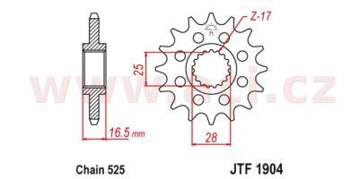 JT-Anglicko - Reťazové koliesko s tlmiacou gumovou vrstvou pre sekundárne reťaze typu 525, (17 zubov)