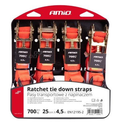AMiO - Upínacie pásy s račňou 700kg 25mm 4,5m 4ks BELT-03