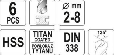 Yato - Sada vrtákov do železa HSS-TIN 2, 3, 4, 5, 6, 8mm 6ks
