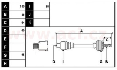 přední poloosa AVORD délka 755mm, 36 drážek u kola, 40 drážek u převodovky AUT, bez ABS kroužku, P, repasovaný originál (+vratná č