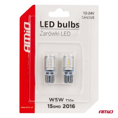 AMiO - LED žiarovky CANBUS T10e W5W 15x2016 SMD White 12V/24V