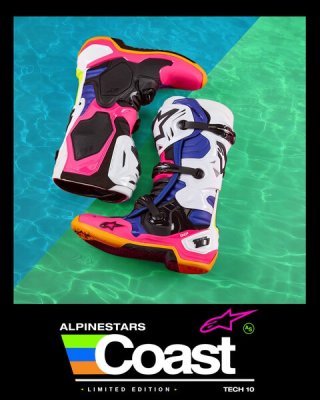 ALPINESTARS - Topánky TECH 10 limitovaná edície COAST, (biela/tmavo modrá/ružová/žltá fluo/oranžová/čierna, veľ. 42)
