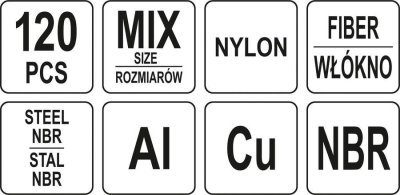 Yato - Podložky (Alu, Cu, Nylon, NBR, FIBER) súprava 120ks