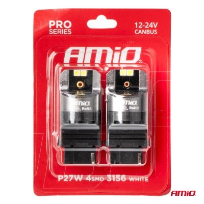 AMiO - LED CANBUS PRO series 3156 P27W 4x3030 SMD White 12/24V CANBUS