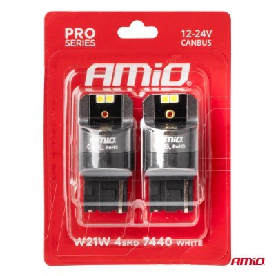 AMiO - LED CANBUS PRO series 7440 W21W 4x3030 SMD White 12/24V CANBUS