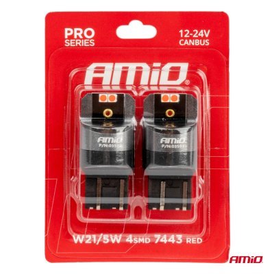 AMiO - LED žiarovky CANBUS PRO series 7443 W21/5W 4x3030 SMD Red 12/24V