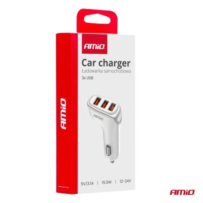 AMiO - Nabíjačka do auta 3x USB-A 3.1A 12/24V