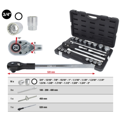 Ks Tools - súprava nástrčkových kľúčov(inch), 12-hran, 3/4", 21ks
