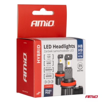 AMiO - LED žiarovky hlavného svietenia Hybrid séria H8 H9 H11 H16 6000K Canbus 60W