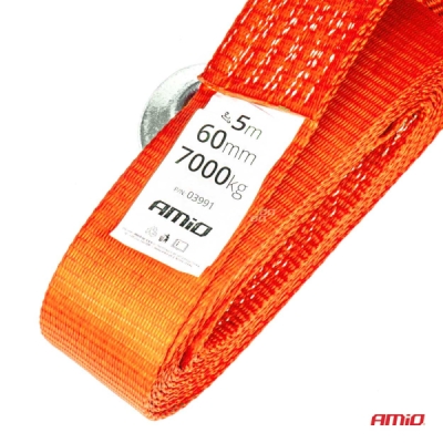 AMiO - Popruhové ťažné lano 7000kg 60mm 5m zakončenie HÁK + HÁK